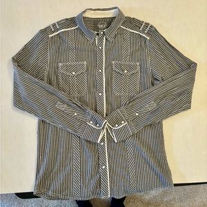 BKE Men’s XL Gray & White Striped - Pearl Snaps Long Sleeve Shirt - Slim Fit